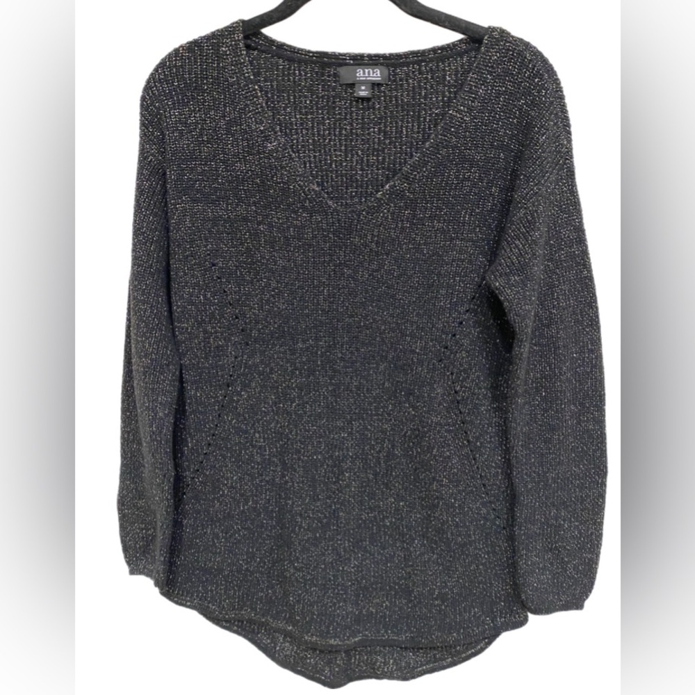 Ana Womens Pullover Sweater Black Sparkle V Neck Holiday Silver Size M Medium